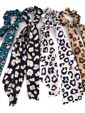 Nollia 4 Sets Cheetah Print Scrunchies With Matching Hair Ties, Satiny Fabric